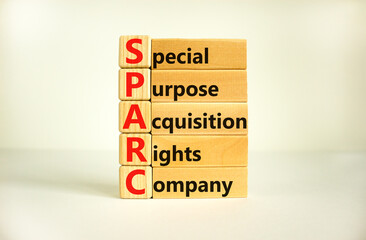 Naklejka premium SPARC, special purpose acquisition rights company symbol. Cubes with words 'SPARC' on beautiful white background, copy space. Business and SPARC, special purpose acquisition rights company concept.