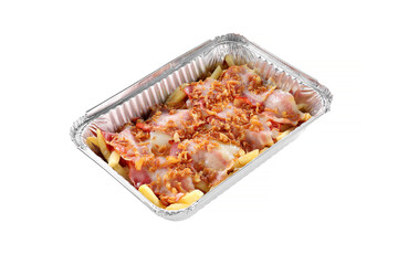 bacon with potato and cheese on a white background, isolated. food delivery fast food