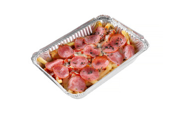 potatoes with salami and cheese on a white background, isolated. food delivery fast food