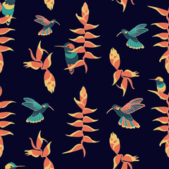 Colibri bird of paradise vector seamless pattern 