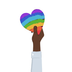 Hand holding rainbow heart. Equality, togetherness, LGBTQ rights concept. Flat illustration.