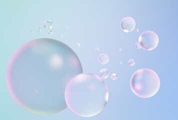 3D beautiful pinkish soap bubbles on pastel blue background 