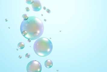 3D beautiful soap bubbles on pastel blue background 