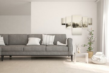 Soft color living room with sofa. Scandinavian interior design. 3D illustration