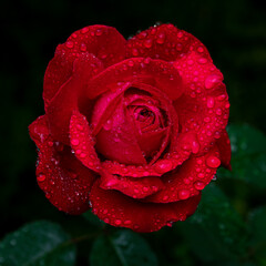 Beautiful large red purple rose with dew drops close up