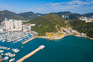 Aerial view of Aberdeen Typhoon Shelters and Ap Lei Chau Seen From mount Johnston, also known as Yuk Kwai Shan in Southern of Hong Kong