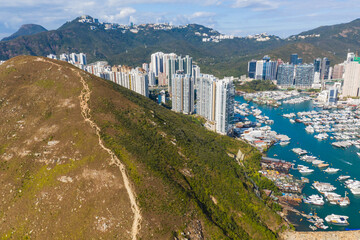 Aerial view of Aberdeen Typhoon Shelters and Ap Lei Chau Seen From mount Johnston, also known as Yuk Kwai Shan in Southern of Hong Kong