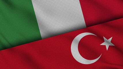 Italy and Turkey Flags Together, Wavy Fabric, Breaking News, Political Diplomacy Crisis Concept, 3D Illustration