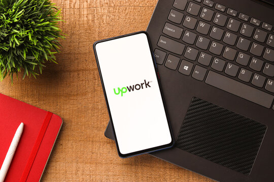 Assam, india - November 29, 2020 : Up work logo on phone screen stock image.