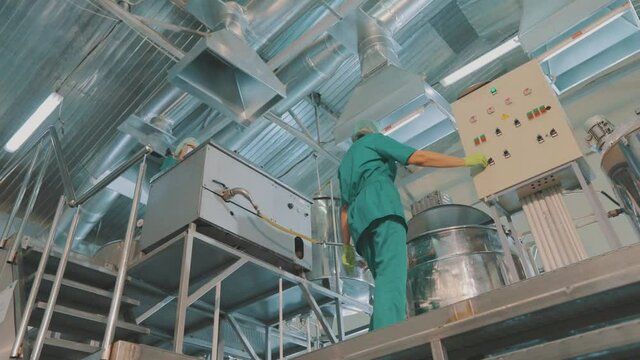 Production of pharmacological agents at the factory. Modern cosmetics production. Industrial interior