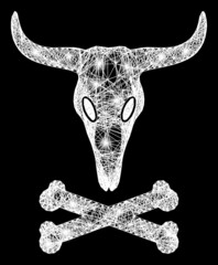 Glowing crossing mesh dead bull bones frame with glowing spots. Constellation vector model created from dead bull bones symbol and crossed white lines. Sparkle frame mesh dead bull bones,
