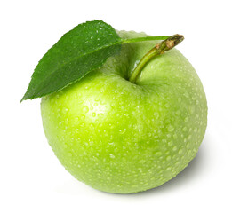 Ripe juicy green apple in water drops isolated on white background. Fresh fruits.