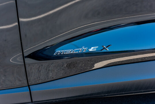 Lindesnes, Norway - August 01 2021: Model Logo On A Ford Mustang Mach-e Electric SUV.