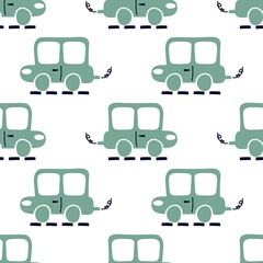Fototapeta na wymiar Seamless pattern with cartoon car. Cute hand drawn car on a white background. For wrapping paper, fabric, textile. City transport vector illustration in flat style.