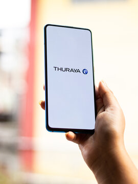Assam, india - May 18, 2021 : Thuraya logo on phone screen stock image.