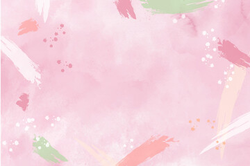 Pink watercolor background with pastel beige and green abstract stains and brush strokes. Horizontal frame with blank space for text