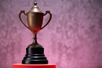 Champion golden trophy on gray background