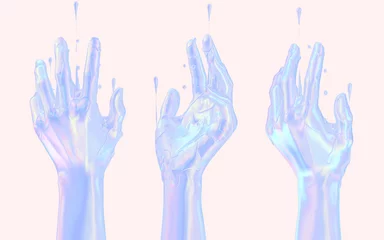 Fotobehang 3d futuristic holographic hands abstract graphic design poster, dripping chromatic gradient 3d rendering © vpanteon