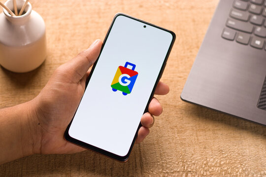 Assam, india - May 29, 2021 : Google Travel logo on phone screen stock image.