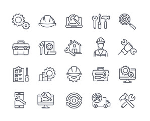 Icons with repair and construction. Set of stickers with tools, employees, tasks. Design elements for websites and social networks. Cartoon line art flat vector collection isolated on white background