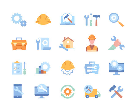 Stickers with tools for plumbing. Collection of icons with man, wrench, hammer and house. Design elements for applications and posters. Cartoon colorful vector set isolated on white background