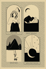 Collection of linear logos for studios, printing on paper, textiles, clothing. Symbols of a whale, mountains, universe, nature, sun and moon. Place for your text.