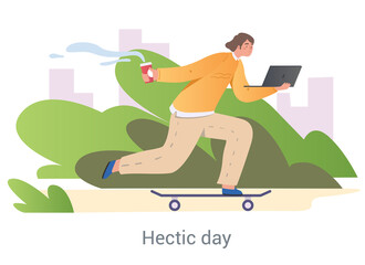 Hard working day concept. Male character with laptop and cup of coffee rides skateboard to office. Employee rushing to conference. Cartoon flat vector illustration isolated on white background