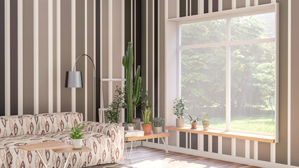 Interior of living room apartment with decorative plants and large window and blank empty wall, 3d rendering