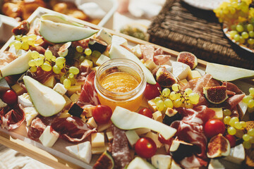 Charcuterie board with maasdam, camembert, brie, cheddar cheese and prosciutto, salami, figs, honey,grapes and cherry tomatoes. Antipasti on wood, mediterranean appetizers on a sunny picnic