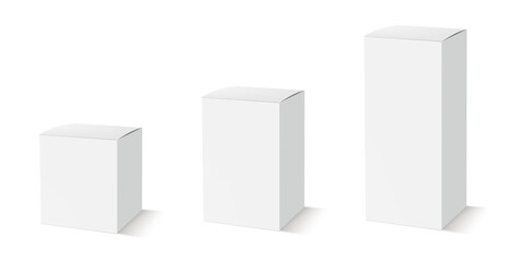Blank package Box set. Three white rectangular shape boxes of different size, ready mockup for design
