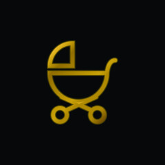 Baby Stroller Outline Of Side View gold plated metalic icon or logo vector