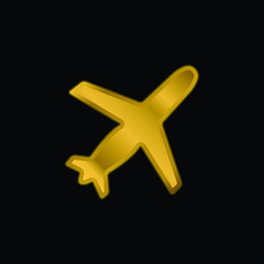 Airplane Black Shape Ascending Rotated To Right gold plated metalic icon or logo vector