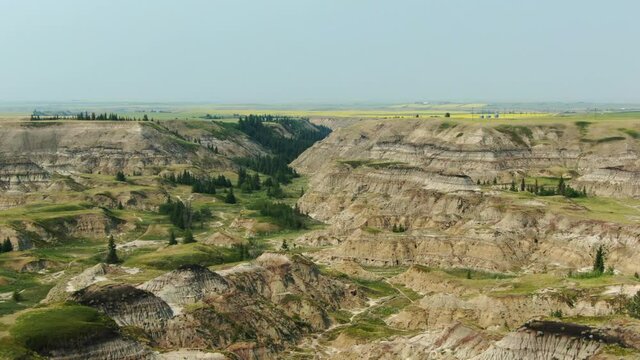Aerial Drone Shot of Horseshoe Canyon Badlands in Drumheller, Alberta Canada Jurassic Looking Dinosaur Country
