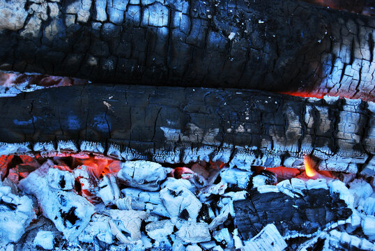 Macro de troncos de le&ntilde;a quemados con ascuas quem&aacute;ndose 