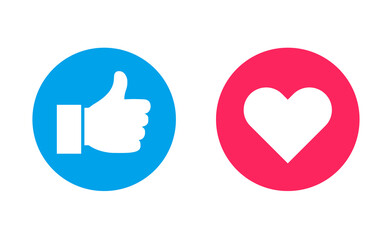 Thumb up and heart like vector icons isolated. Like heart and thumbs up buttons. Vector illustration