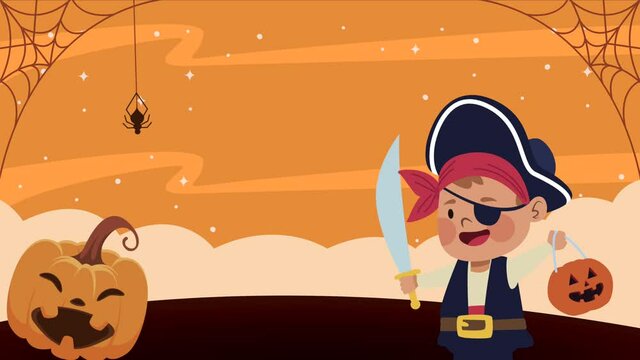 child disguised as pirate with pumpkin