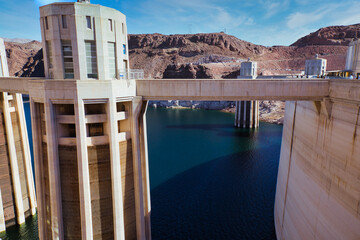 View of the Hoover Dam with intake towers, Nevada, USA