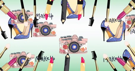 Animation of shoes and camera on pink background - Powered by Adobe