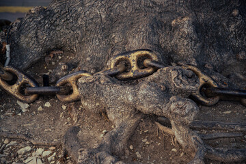 A gilded metal chain at the trunk of a tree.