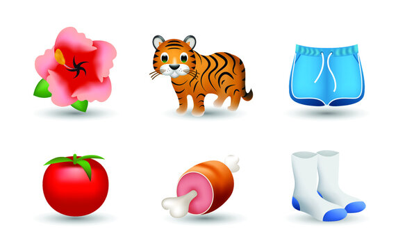 6 Emoticon Isolated On White Background. Isolated Vector Illustration. Pink Flower, Tiger, Shorts, Tomato, Meat On Bone, Socks Vector Emoji Illustration. 3d Illustration. 