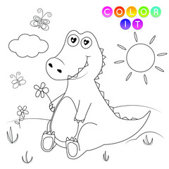 Black and White cartoon vector illustration. Anti-stress page for child.  Cute outline education game. Fantasy coloring page with crocodile. Coloring book, print, t shirt design, sticker, label.