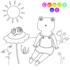 Black and White cartoon vector illustration. Anti-stress page for child.  Cute outline education game. Fantasy coloring page with frog. Coloring book, print, t shirt design, sticker, label.
