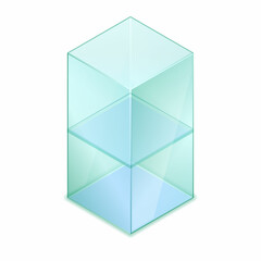 Isometric vector illustration empty glass cube isolated on white background. Realistic glass display box icon. Modern clear glass showcase. Transparent acrylic, plastic or plexiglass box for exhibit.