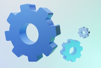 3D blue coloured industrial gears on pastel blue background