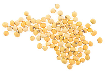Pile of soybeans isolated on a white background, top view. Soy bean plant seed. Healthy vegetable food.