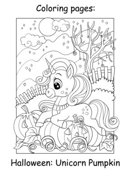Coloring book page cute unicorn lying on pumpkin