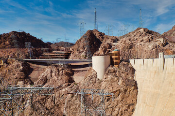 View of the Hoover Dam with intake towers, Nevada, USA