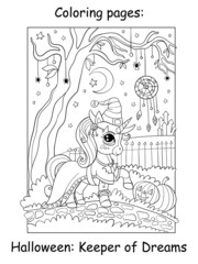 Coloring book page cute unicorn witch and dreamcatcher