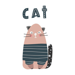 Cute cat with lettering in simple cartoon hand-drawn style. Ideal for cards, invitations, party, kindergarten, preschool and children