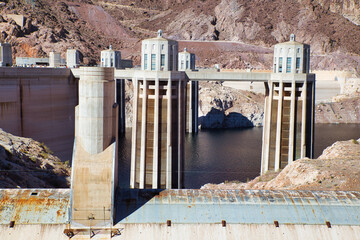 View of the Hoover Dam with intake towers, Nevada, USA